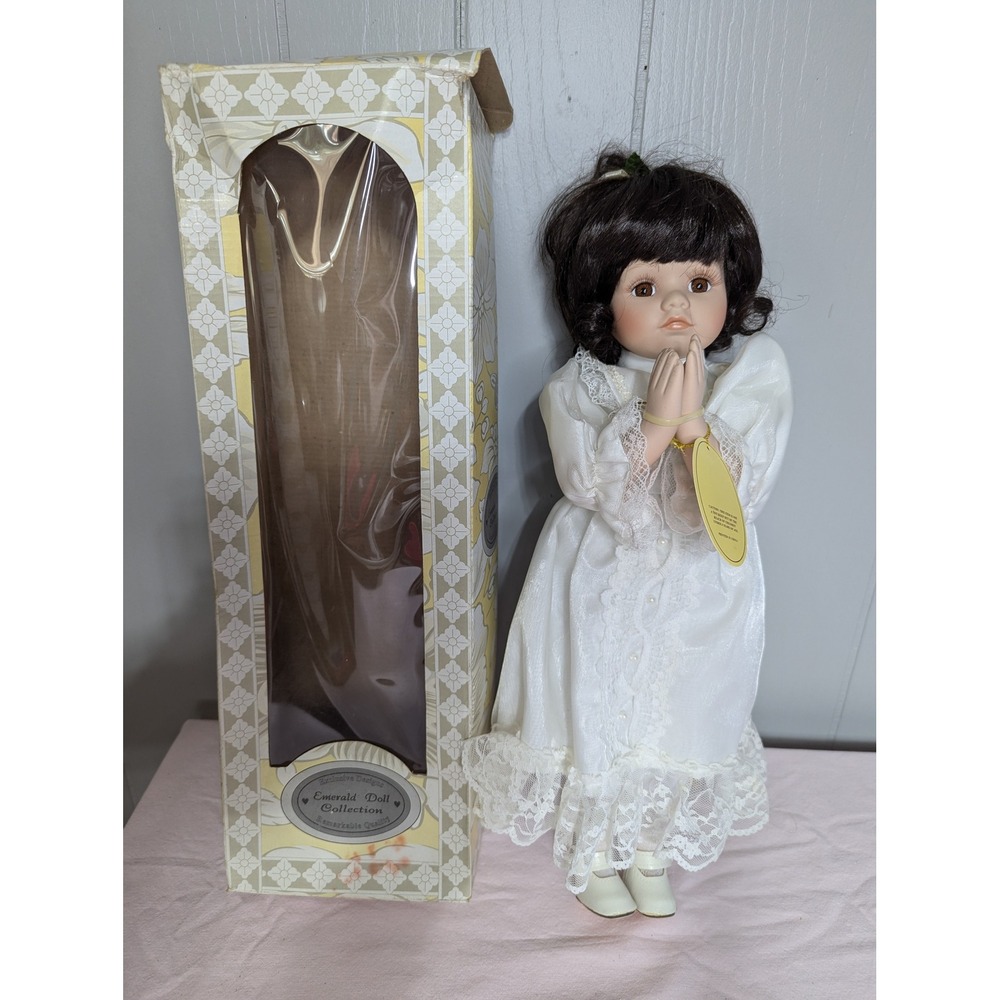 emerald‎ Doll Collection Vintage Porcelain 16" with white dress dark hair